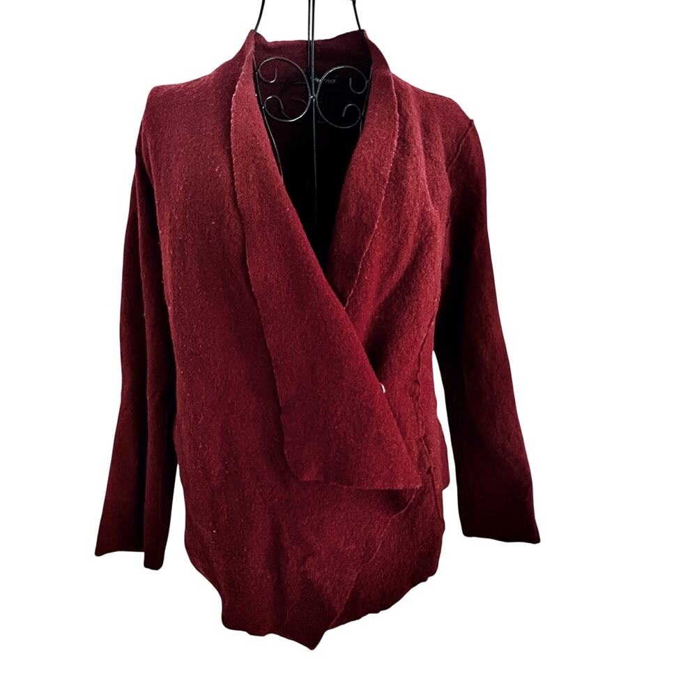 Eileen Fisher Textured 100% Merino Wool Short Boho Cardigan Snap Front Ruffled